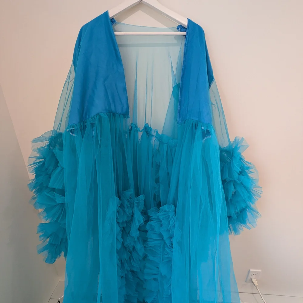 Maternity Vibrant Turquoise Sheer Ruffle Maxi Robe - Picture 3 of 6